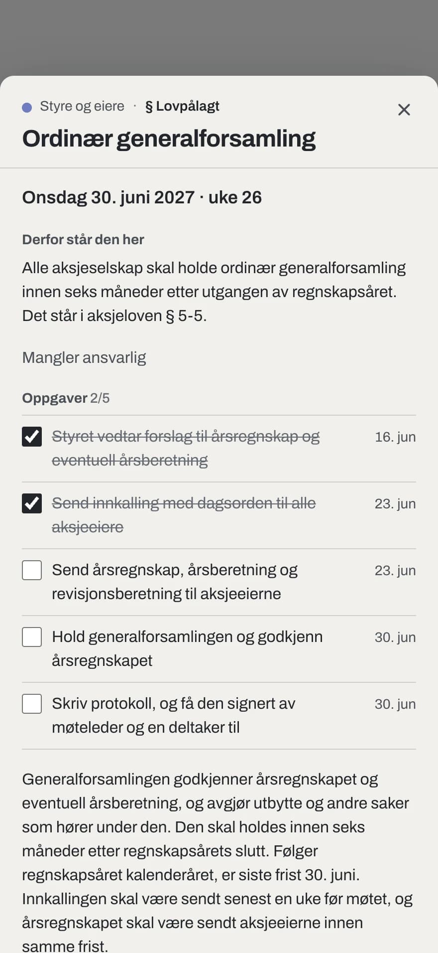 Ordinær generalforsamling åpnet på iPhone: datoen, hvorfor den står der, og fem oppgaver, der de to første er krysset av.